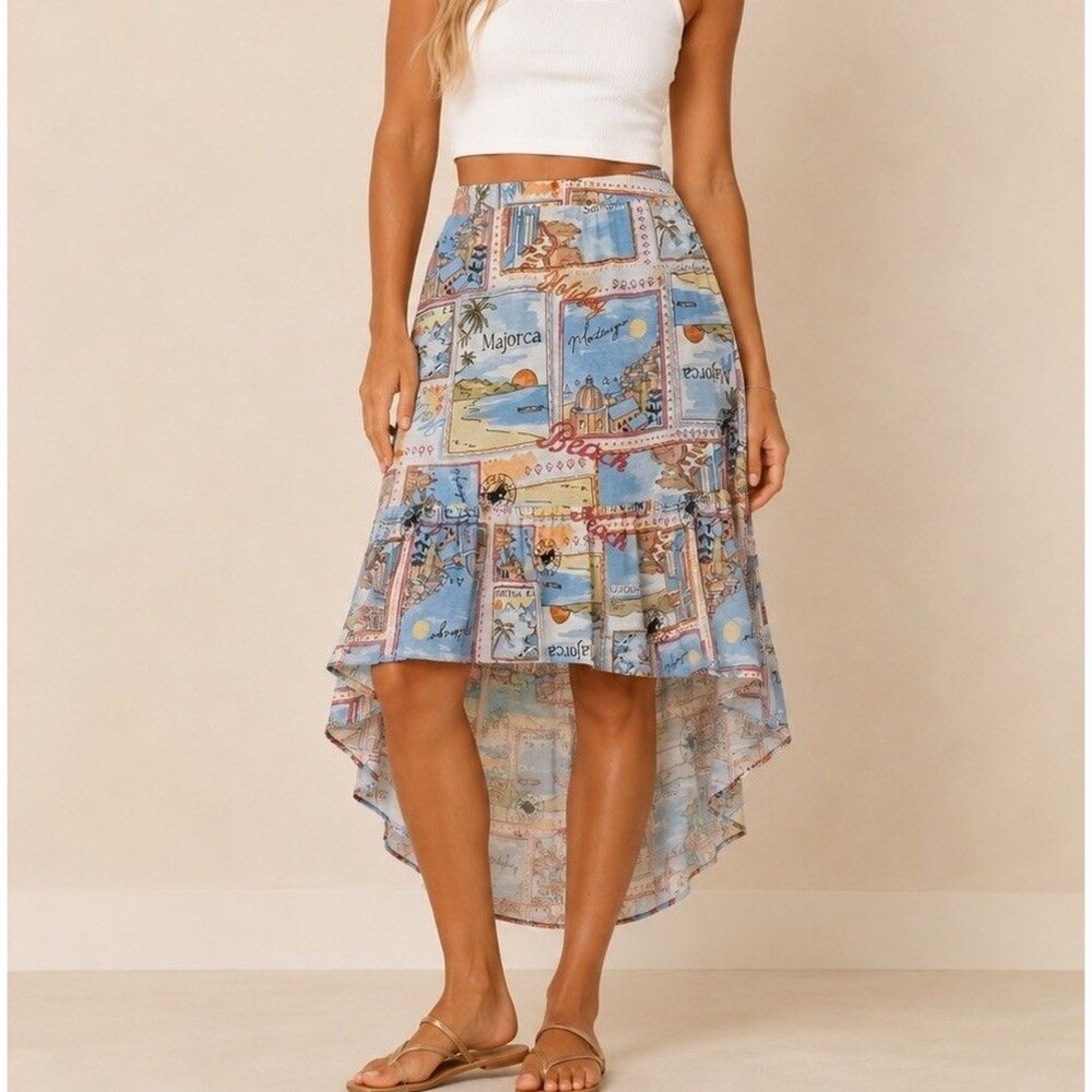 Mile Gabrielle Skirt M Postcard Travel Print High Low Tiered Midi Beach